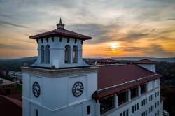aerial view of university hall at sunset